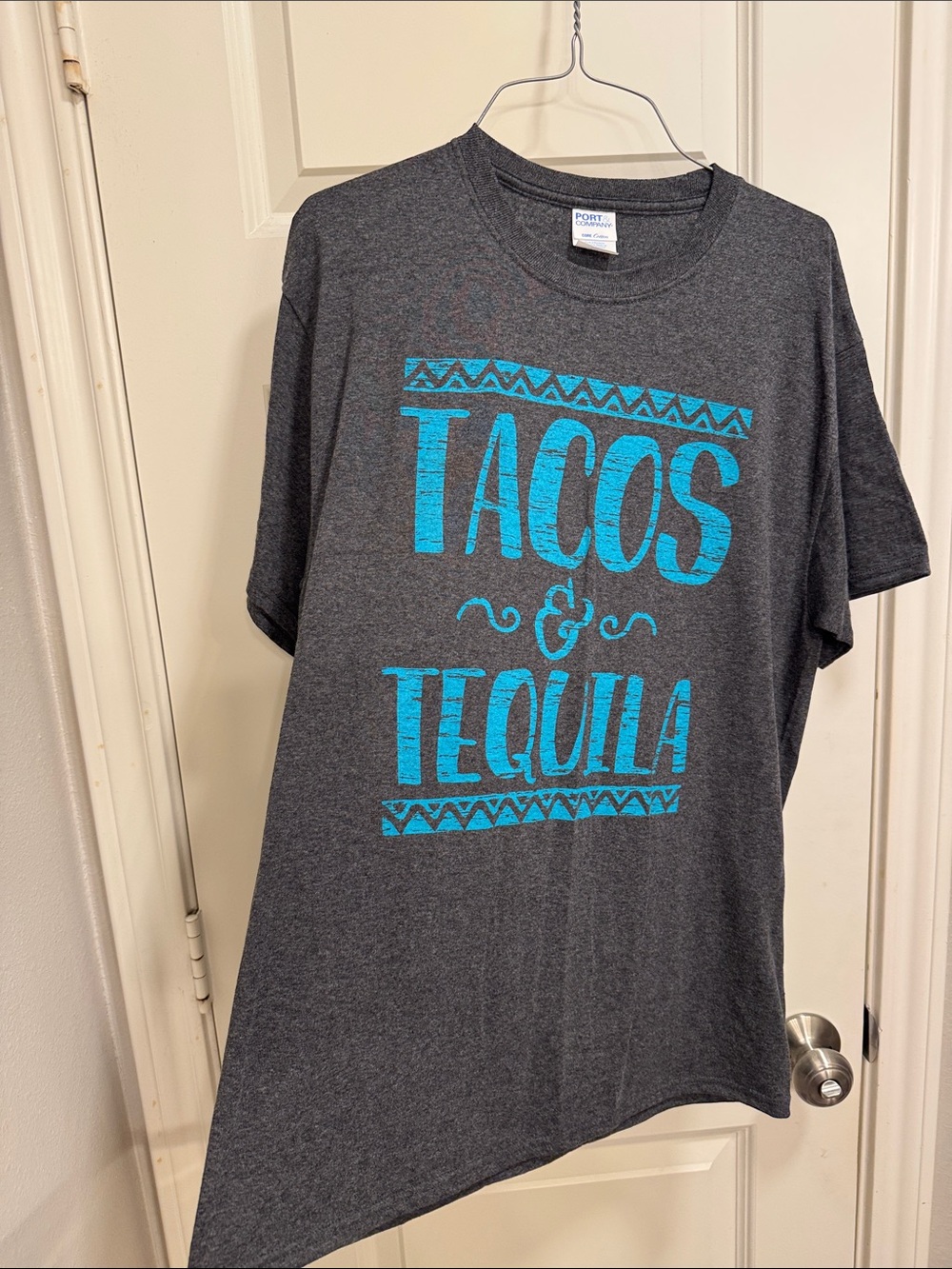 Gray T-Shirt with Blue Tacos & Tequila Print